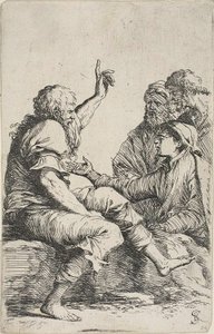 Ein bärtiger alter Mann sitzt auf einem Felsen und macht eine ermahnende Geste zu drei Männern gegenüber, aus der Figurine-Serie von Salvator Rosa