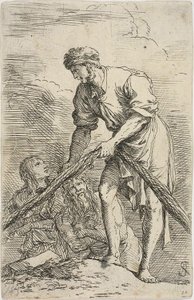 Ein Mann zieht ein Netz, mit zwei Figuren hinter ihm, aus der Figurinen-Serie von Salvator Rosa