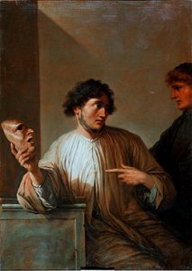 Allegorie der Lüge in Form eines Mannes, der eine Maske hält von Salvator Rosa