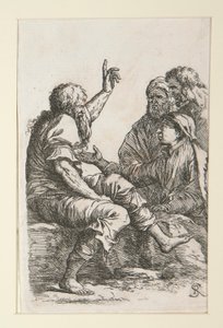Ein alter Mann spricht mit drei Männern von Salvator Rosa