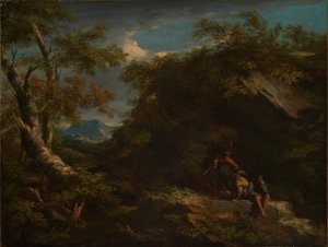 Bergige Waldlandschaft mit rastenden Kriegern von Salvator Rosa