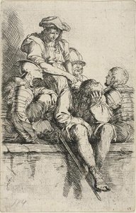 Vier Krieger und ein stehender Jüngling, der auf einen von ihnen zeigt, aus der Figurinen-Serie