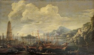 Hafen mit Leuchtturm und Schiffen von Salvator Rosa