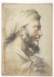 Kopf eines bärtigen Mannes im Profil nach rechts, einen Turban tragend