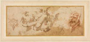 Blatt satirischer Studien Amorini reiten Phalli, um 1650er von Salvator Rosa