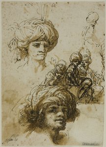 Skizzen von Männern mit Turban (recto); Fragment einer Figur und Skizzen von blattförmigem architektonischem Ornament (verso) von Salvator Rosa
