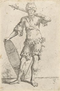 Stehender exotischer Krieger mit Löwenkopf-Kappe, Keule und Schild, ca. 1656-57 von Salvator Rosa