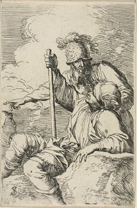 Drei Krieger, einer sitzt auf einem Felsen im Vordergrund und hält einen Stab; der zweite steht hinter ihm und zeigt, der dritte ist als Gesicht hinter ihnen zu sehen, aus der Figurinen-Serie