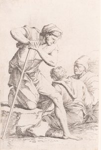Zwei Männer sitzen und ein anderer Mann hält einen Stab und kniet auf einem Felsen, aus der Serie..., ca. 1656-1657