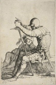 Zwei Krieger, einer sitzt auf einem niedrigen Felsen im Vordergrund und hält einen Kriegshammer; die andere Figur sitzt auf dem Boden hinter ihm, hält eine Keule über die rechte Schulter und schaut zur Figur im Vordergrund, aus der Figurinen-Serie