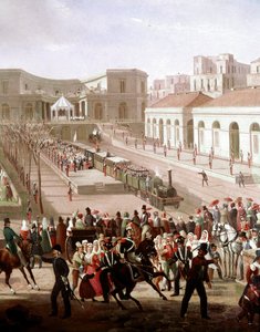 Einweihung der Eisenbahnlinie zwischen Neapel und Portici im Jahr 1839 in Anwesenheit von König Ferdinand II. (Detail) von Salvatore Fergola