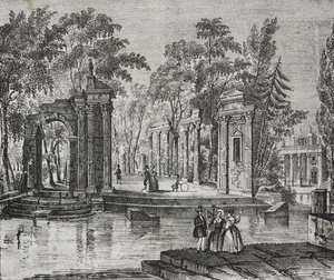 Amphitheater auf einer Insel im Lazienki-Park, Warschau, Polen, Lithographie von Salvatore Puglia