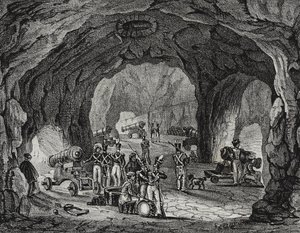 Höhle in der Nähe des Felsens von Gibraltar, Spanien, Lithographie von Salvatore Puglia von Salvatore Puglia