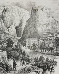 Ansicht von Fontaine-de-Vaucluse, Frankreich, Lithographie von Sardi aus Poliorama Pittoresco, Nr. 51, 30. Juli