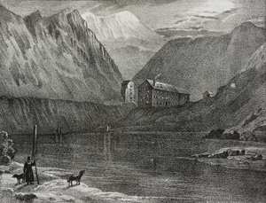 Ansicht des Großen Sankt Bernhard Hospizes vom See, Italien-Schweiz Grenze, Lithographie von Salvatore Puglia von Salvatore Puglia