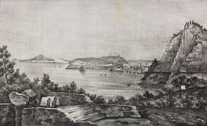 Ansicht von Posillipo von der Terrasse des Monsignore Di Pietro, Kampanien, Italien, Lithographie von Salvatore Puglia aus Poliorama Pittoresco, Nr. 32, 16. März