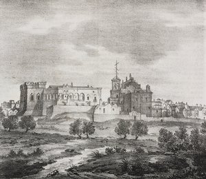 Westansicht von Mesagne, Apulien, Italien, Lithographie von Salvatore Puglia aus Poliorama Pittoresco, Nr. 47, 29. Juni