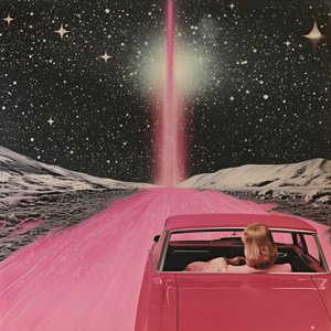 Rosa Auto auf kosmischer Reise