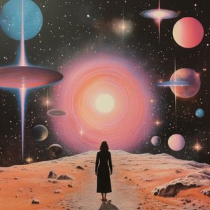 Frau in kosmischer Landschaft von Samantha Hearn