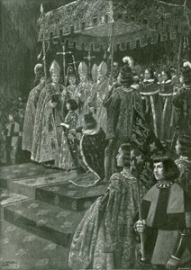 Die Übergabe der Sporen und des Schwertes bei der Krönung von Heinrich VI.