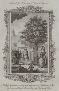 Bischof Gardiner kommt mit einer Wache, um Catherine Parr zu verhaften, die mit Heinrich VIII. im Garten spazieren geht von Samuel (after) Wale