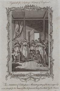 Die Äbtissin des Klosters Coldingham schneidet sich Nase und Oberlippe ab, um ihren Nonnen ein Beispiel zu geben, um eine Vergewaltigung durch die Dänen zu verhindern (Gravur) von Samuel (after) Wale