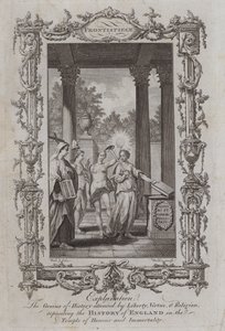 Der Genius der Geschichte begleitet von Freiheit, Tugend und Religion, die die Geschichte Englands im Tempel der Ehre und Unsterblichkeit ablegen (Gravur) von Samuel (after) Wale