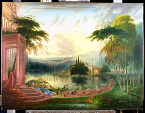 Eine romantische Landschaft mit der Ankunft der Königin von Saba, ca. 1830
