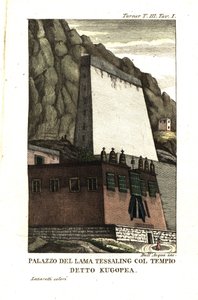 Wohnung des Tessaling Lama mit dem religiösen Gebäude namens Kugopea. Illustration von Leutnant Samuel Davis aus Captain Samuel Turners (1759-1802) Bericht über eine Gesandtschaft an den Hof des Teshoo Lama in Tibet 1800. Kupferstich von Dell