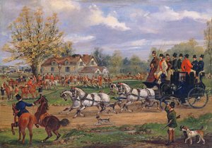 Postkutsche passiert ein Treffen vor einem Gasthaus, 1862