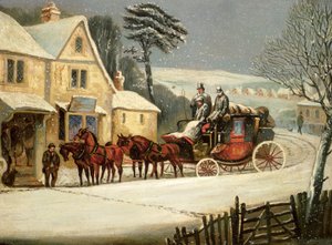 Winterszene mit dem königlichen Postwagen an einem Gasthaus von Samuel Henry Alken