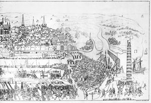 Die Belagerung von Boulogne durch König Heinrich VIII. (1491-1547) im Jahr 1544, graviert von James Basire, 1788 von Samuel Hieronymous Grimm