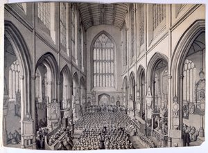 Ansicht vom Ostende des Inneren der Bath Abbey mit Gemeinde