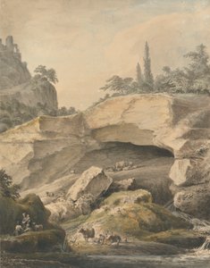 Felsige Landschaft mit Bauern und Vieh