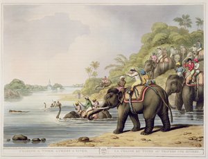 Verfolgung eines Tigers über einen Fluss, aus Oriental Field Sports, veröffentlicht von Edward Orme, 1807 von Samuel Howett