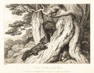 Ein Hahn auf einem Baum überlistet einen Fuchs, während ein Hund schläft. 1811 (Radierung) von Samuel Howitt