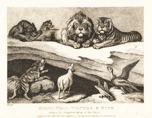 Ein Gerichtsverfahren zwischen Tieren, mit Löwe und Tiger als Richter. 1811 (Radierung)