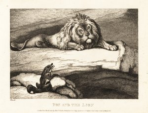 Ein Fuchs nähert sich törichterweise einem männlichen Löwen in seiner Höhle. 1811 von Samuel Howitt