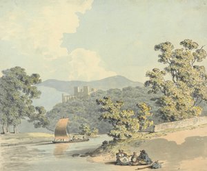 Landvolk mit einem Kind, neben einem Fluss von Samuel Howitt
