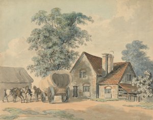 Pferde und Wagen vor einem Cottage von Samuel Howitt