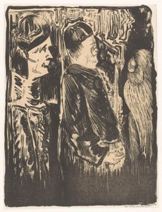Fantasie: links zwei Figuren mit Mützen, rechts eine eingekratzte Erscheinung mit Federkleid von Samuel Jessurun de Mesquita (signed by artist)