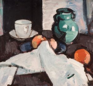 Stillleben mit Obstschale, Krug, Tasse und Untertasse von Samuel John Peploe