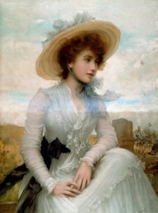 Porträt einer jungen Frau mit Strohhut (Druck) von Samuel Luke Fildes