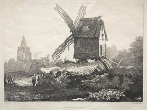 Eine Reihe alter Gebäude und ländlicher Hütten im Norden Englands: In Crowland, Windmühle