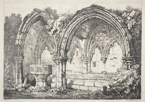 Eine Reihe alter Gebäude und ländlicher Hütten im Norden Englands: Teil der Abtei Kirkham von Samuel Prout