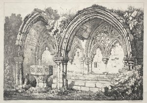 Eine Reihe antiker Gebäude und ländlicher Hütten im Norden Englands: Teil der Kirkham Abbey von Samuel Prout