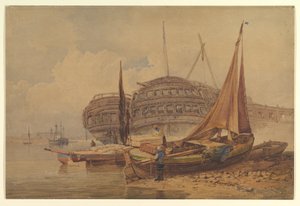 Küstenlandschaft mit gestrandeten Booten im Vordergrund von Samuel Prout