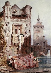 Figuren in einem Boot mit Gebäuden von Samuel Prout