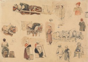 Skizzen von Bauern und Arbeitspferden von Samuel Prout