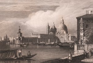 Ansicht des Canal Grande mit Punta della Dogana und Basilika Santa Maria della Salute im Hintergrund, Venedig, Venetien, Italien, Stahlstich nach einer Zeichnung von Samuel Prout von Samuel Prout